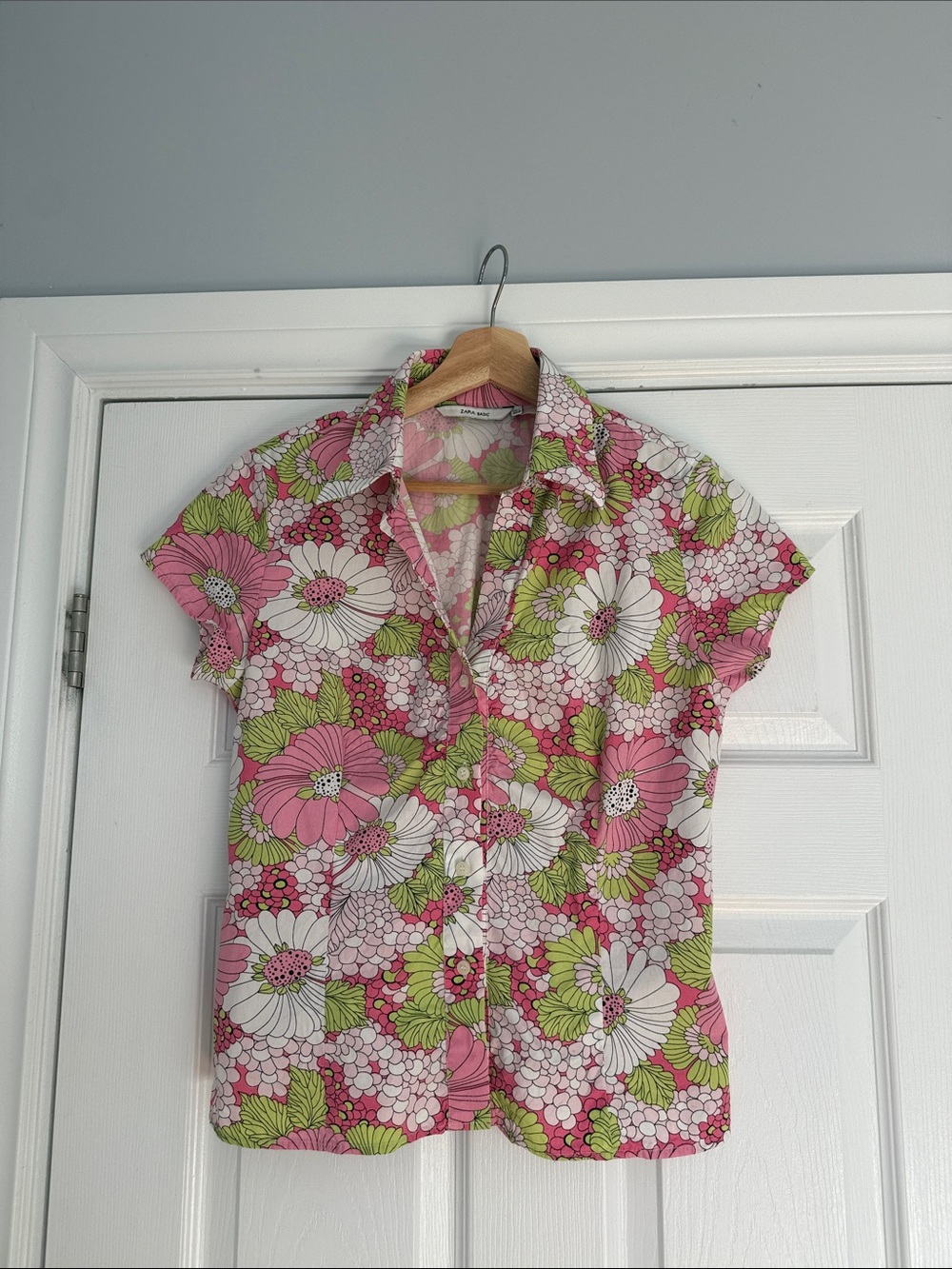 Zara Pink, White & Green Floral Button-Down Shirt